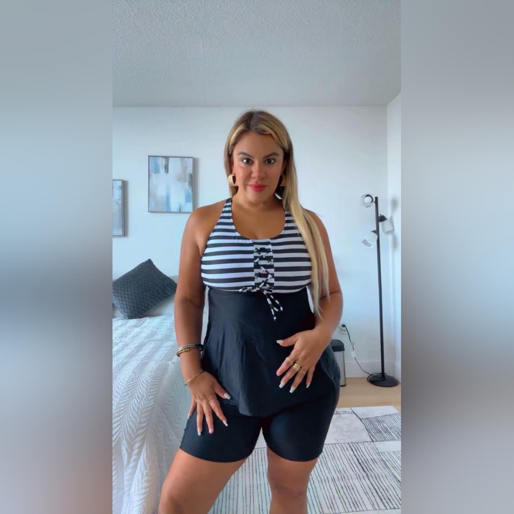 Plus Size Black & White Stripe Swim Tankini with Bike Shorts